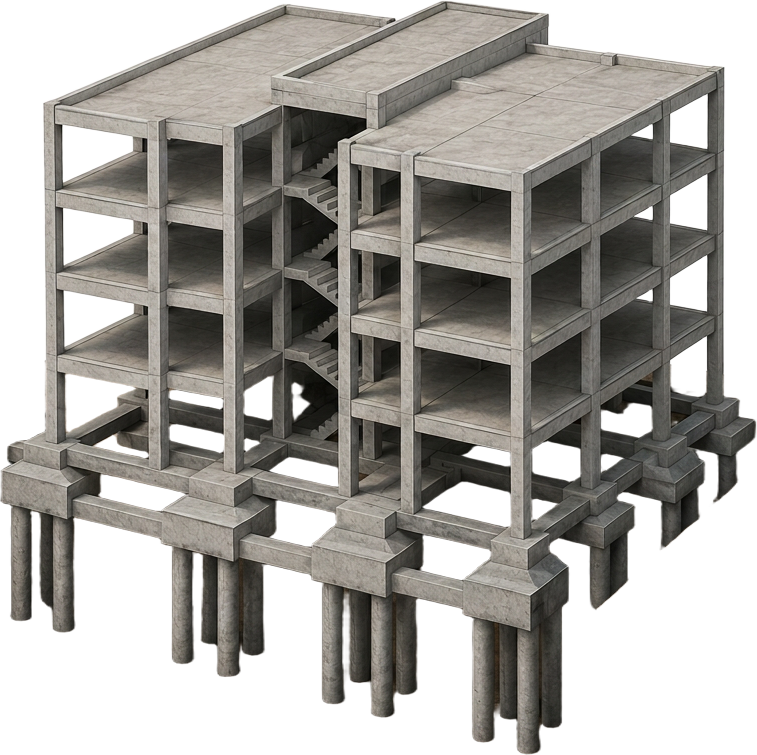 Maquete 3D de estrutura de concreto armado com fundação profunda