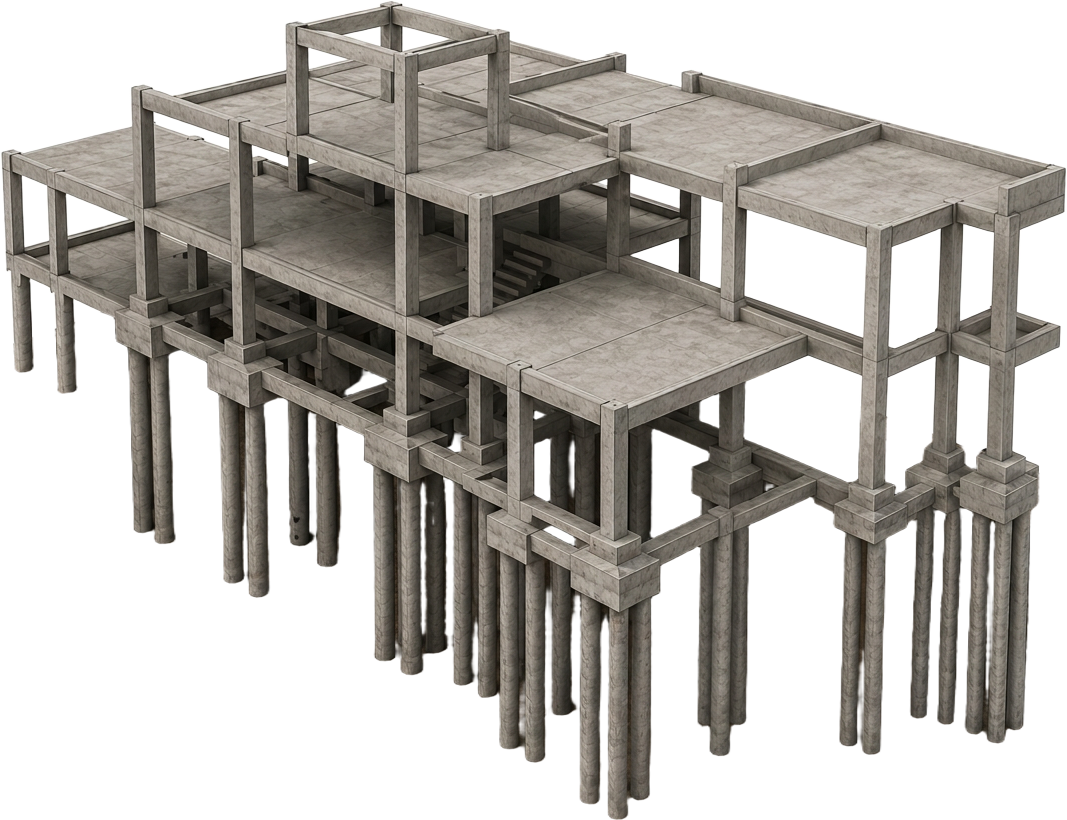 Maquete 3D de estrutura de concreto armado com estacas e baldrame